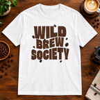 Wild Brew Society T-Shirt White on a warm coffee bar