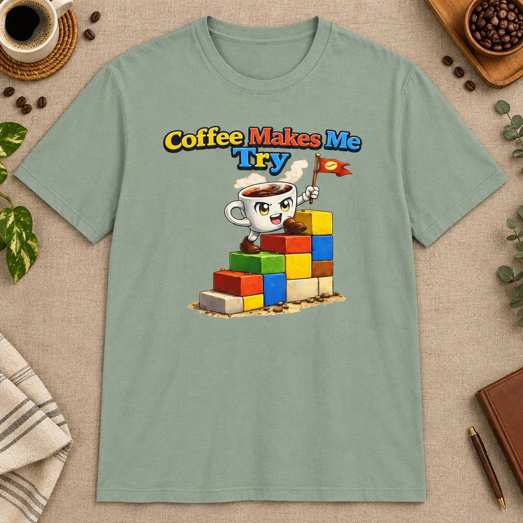 Coffee Makes Me Try 2 T-Shirt in Heather Indigo, zoomed lifestyle mockup