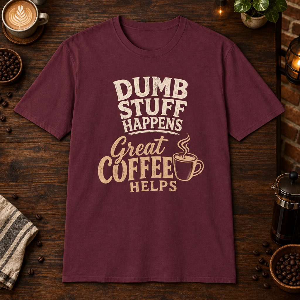 Dumb Stuff Happens T-Shirt in Maroon, overhead coffee-bar flat-lay mockup