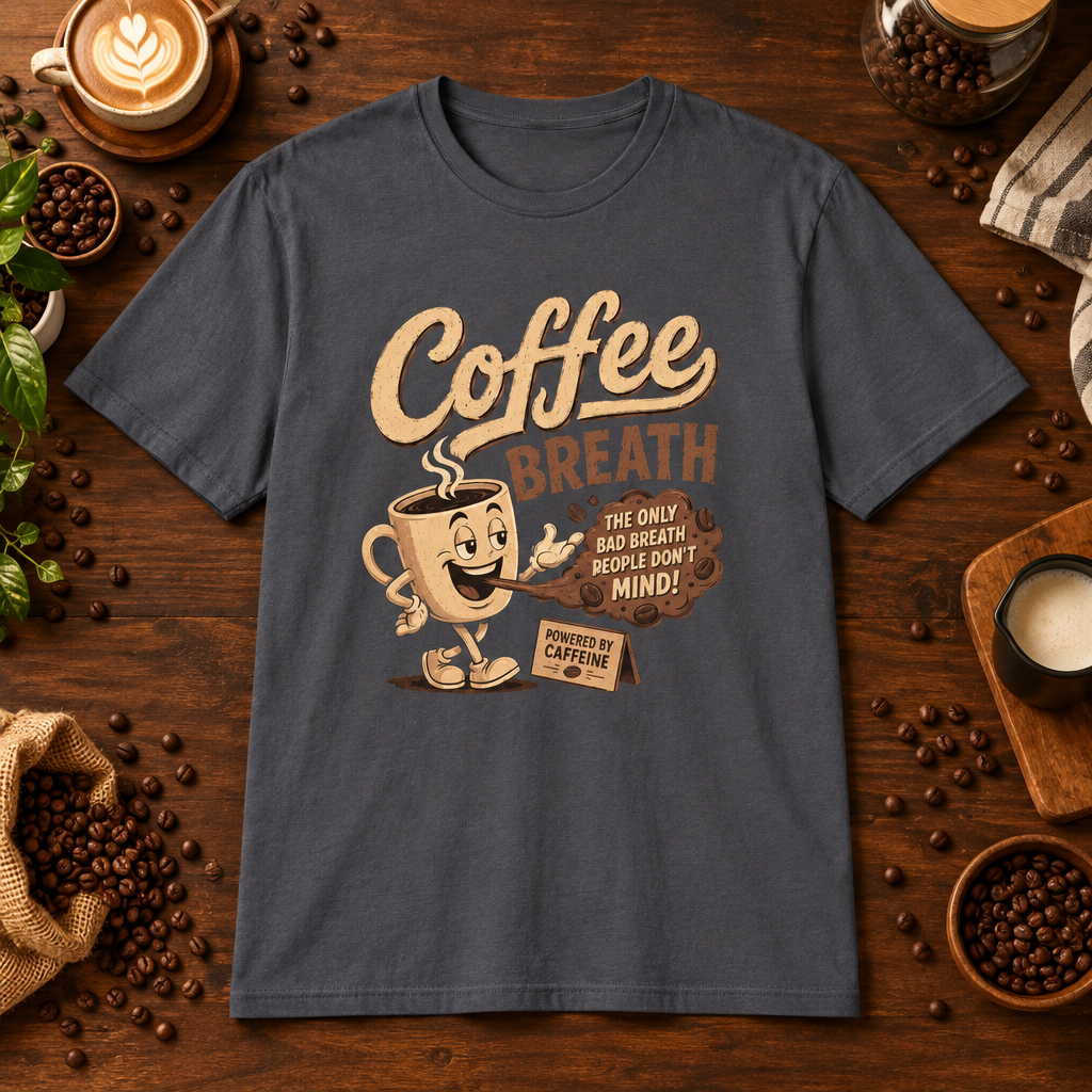 Coffee Breath T-Shirt Charcoal on warm coffee bar