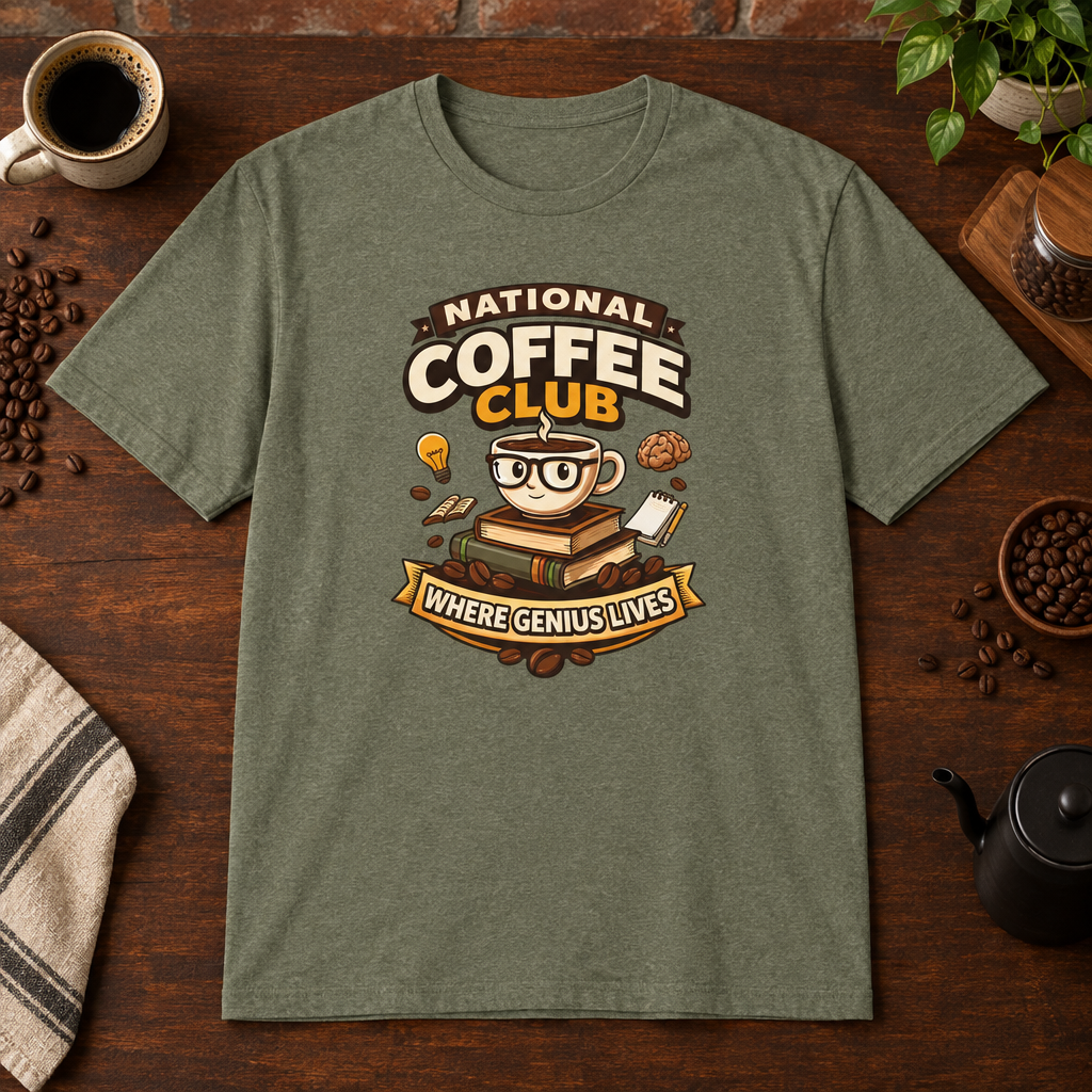 National Coffee Club T-Shirt Heather Military Green close-fill short-sleeve coffee-bar flat lay