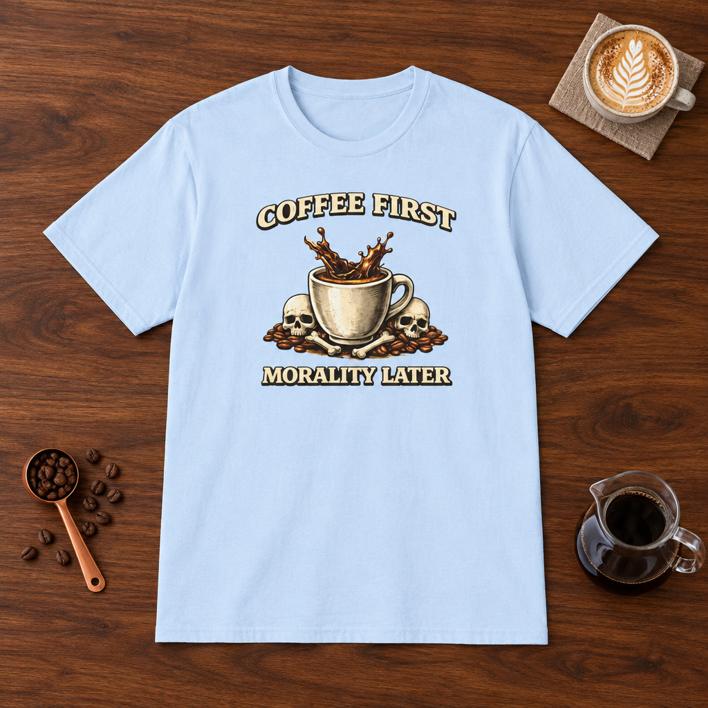 Coffee First Morality Later T-Shirt Light Blue flat lay on walnut coffee bar