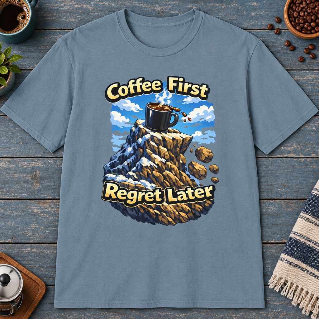 Coffee First Regret Later T-Shirt in Heather Indigo, zoomed lifestyle mockup
