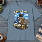Coffee First Regret Later T-Shirt in Heather Indigo, zoomed lifestyle mockup