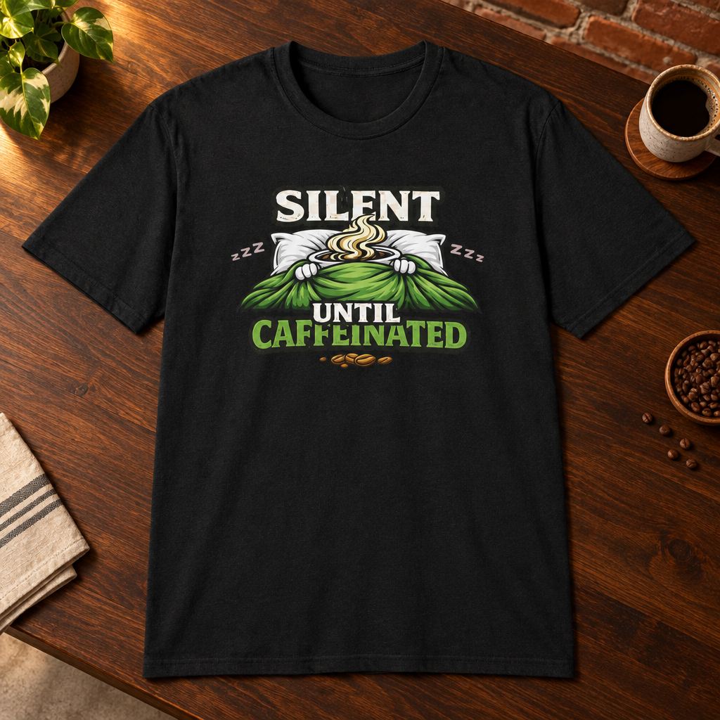 Silent Until Caffeinated T-Shirt Black close-fill short-sleeve coffee-bar flat lay