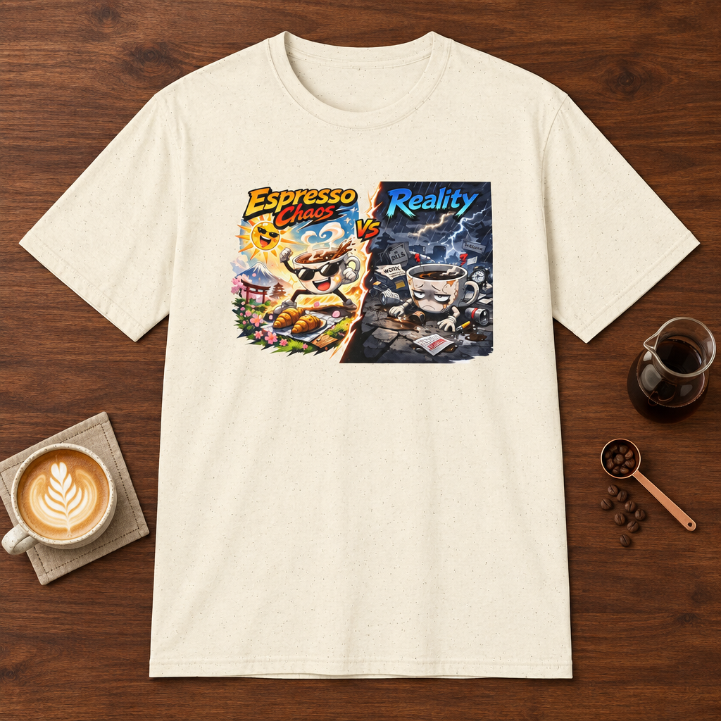 Espresso Chaos vs Reality T-Shirt Natural coffee bar mockup