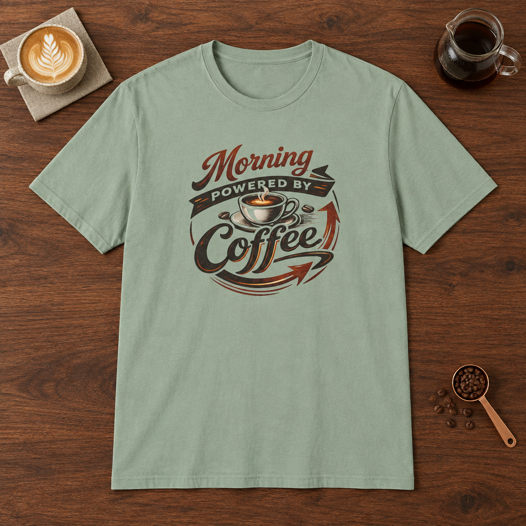 Morning Powered by Coffee T-Shirt Sage coffee bar mockup