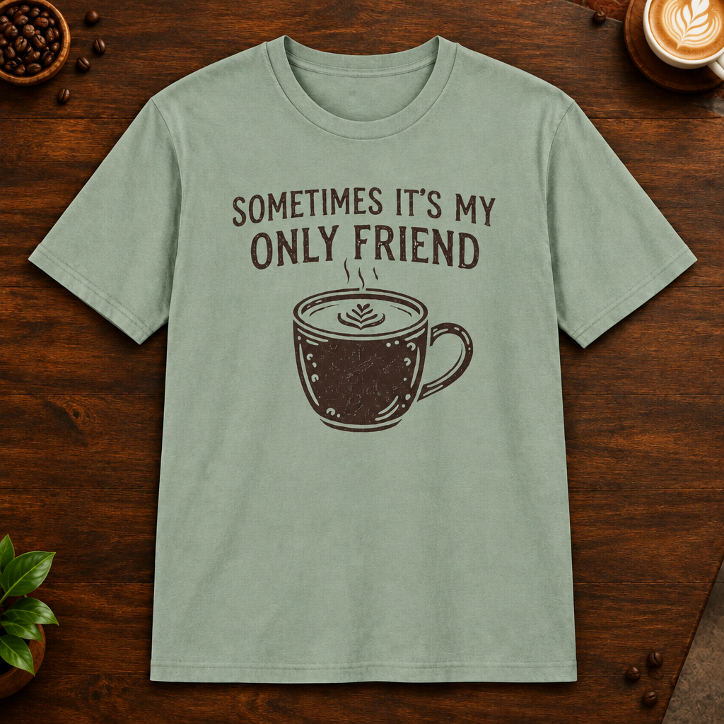 Sometimes It's My Only Friend T-Shirt in Sage on a dark wood coffee bar