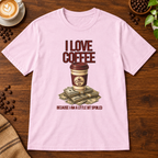 I Love Coffee T-Shirt Light Pink on warm coffee bar