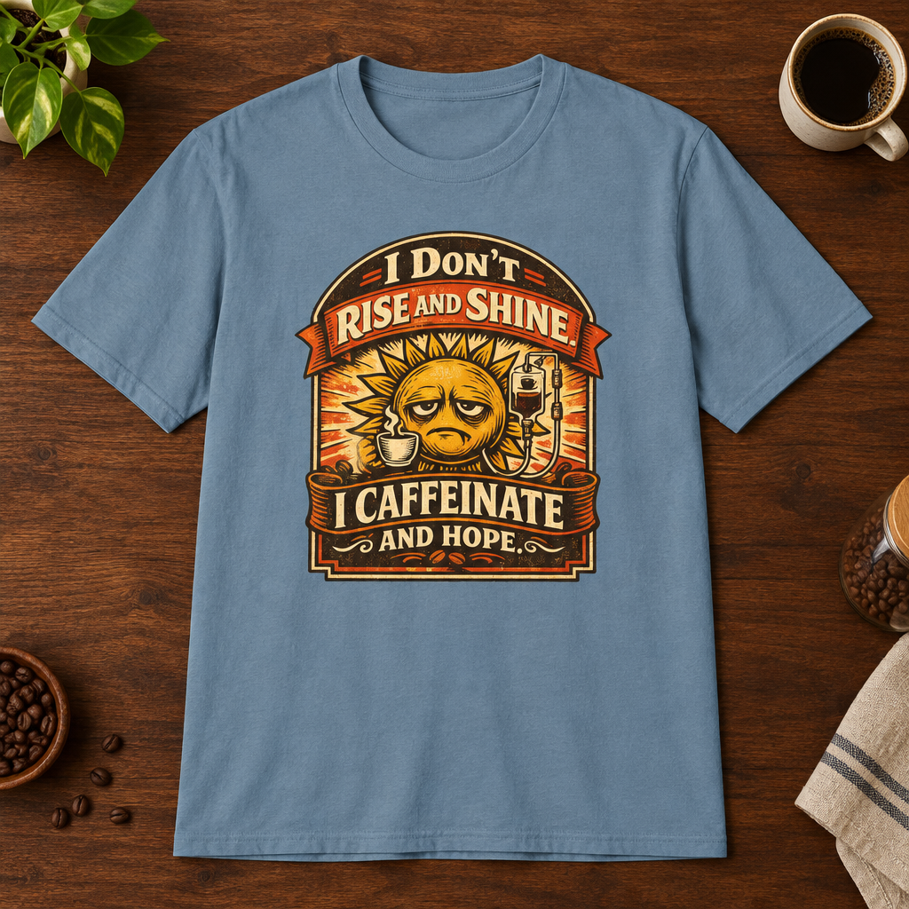 I Don't Rise and Shine T-Shirt Stone Blue short-sleeve coffee-bar flat lay