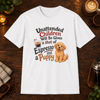 Espresso and a Puppy T-Shirt in White, overhead coffee-bar flat-lay mockup