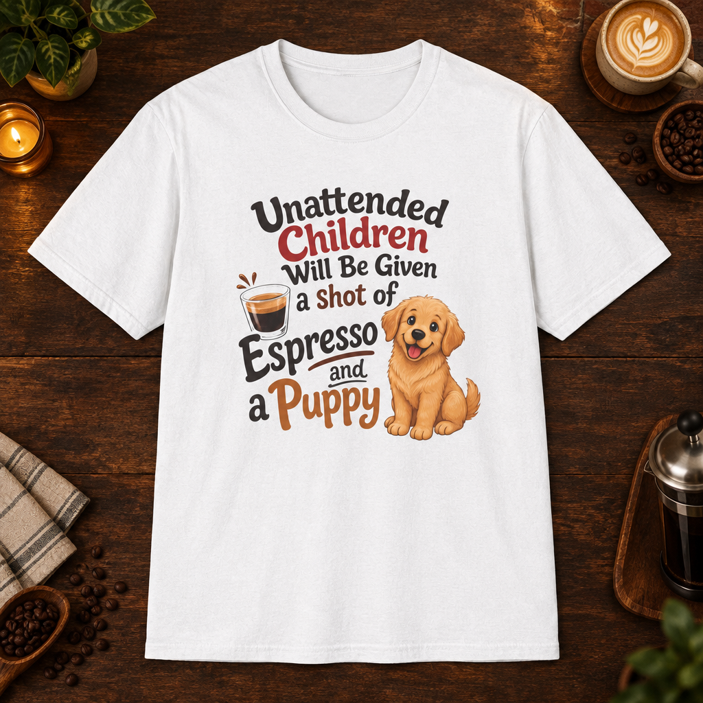 Espresso and a Puppy T-Shirt in White, overhead coffee-bar flat-lay mockup