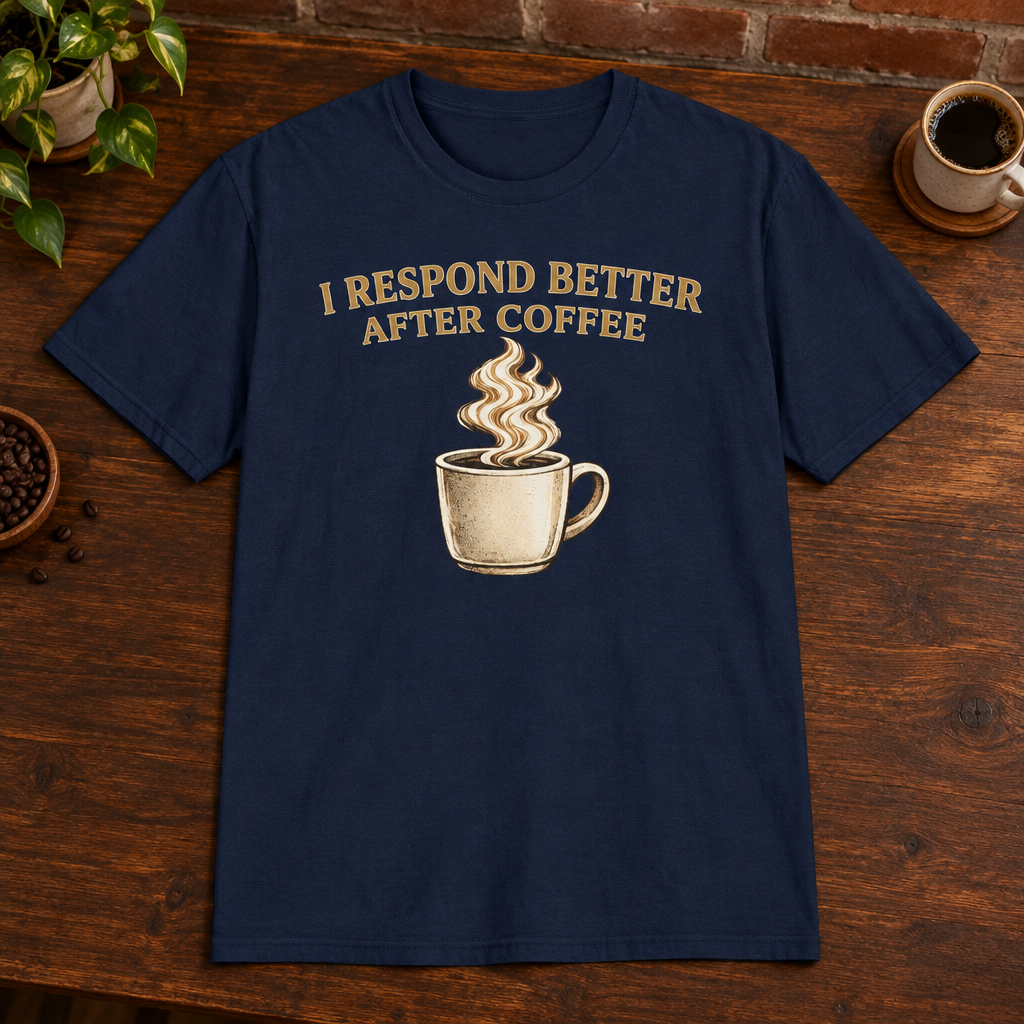 I Respond Better T-Shirt Navy close-fill short-sleeve coffee-bar flat lay
