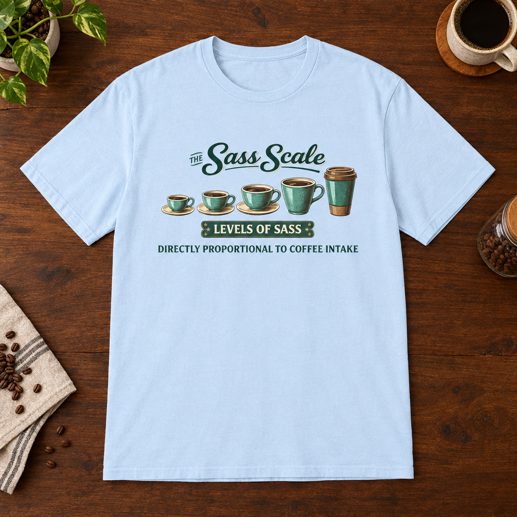 Sass Scale T-Shirt Light Blue short-sleeve coffee-bar flat lay