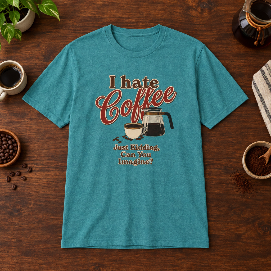 I Hate Coffee T-Shirt Heather Galapagos Blue coffee-bar flat lay