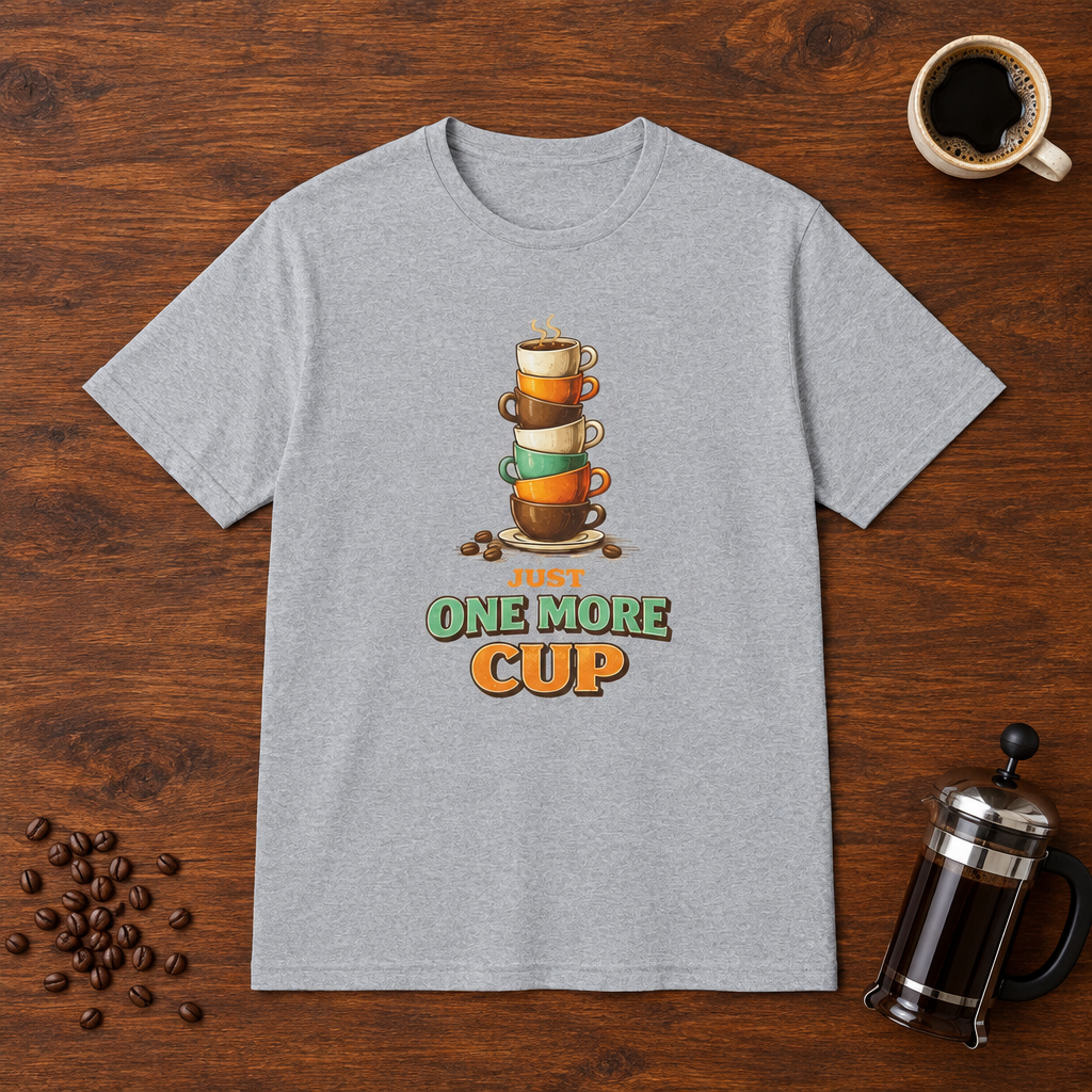 Just One More Cup T-Shirt Sport Grey coffee-bar flat lay