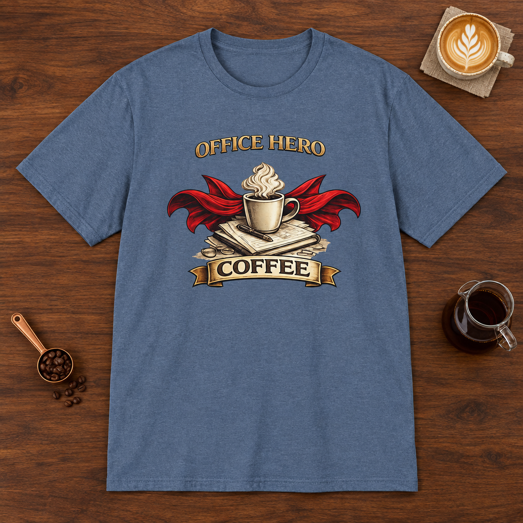 Office Hero Coffee T-Shirt Heather Indigo coffee bar mockup