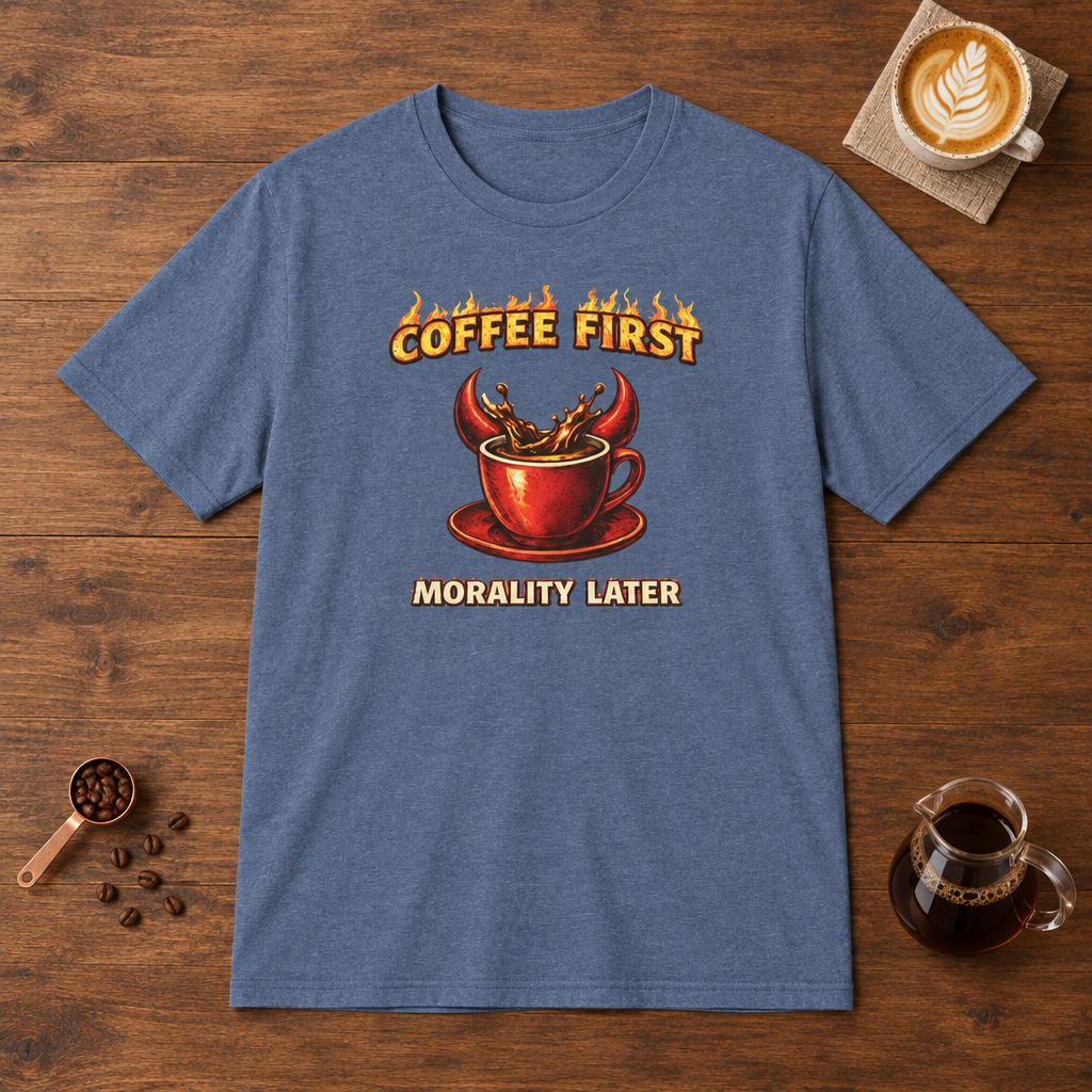 Coffee First Morality Later red cup T-Shirt Heather Indigo flat lay on walnut coffee bar