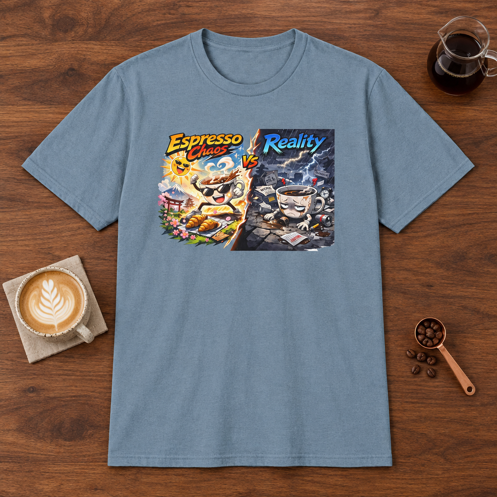 Espresso Chaos vs Reality T-Shirt Stone Blue coffee bar mockup