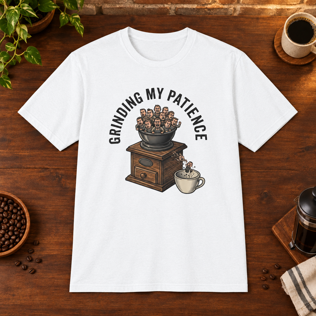 Grinding My Patience T-Shirt White coffee-bar flat lay, consistent framing