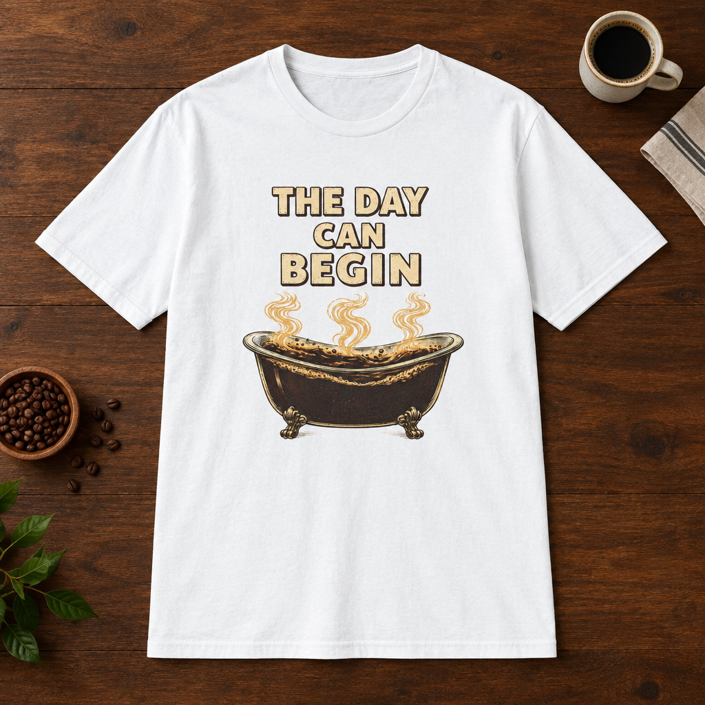 The Day Can Begin T-Shirt White coffee-bar flat lay