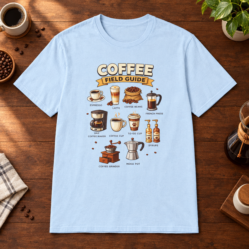 Coffee Field Guide T-Shirt Light Blue short-sleeve coffee-bar flat lay