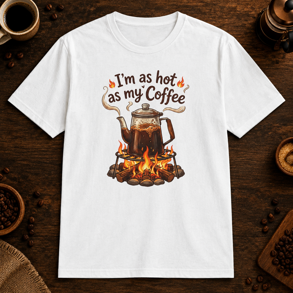 I'm as hot as my Coffee T-Shirt in White, overhead coffee-bar flat-lay mockup