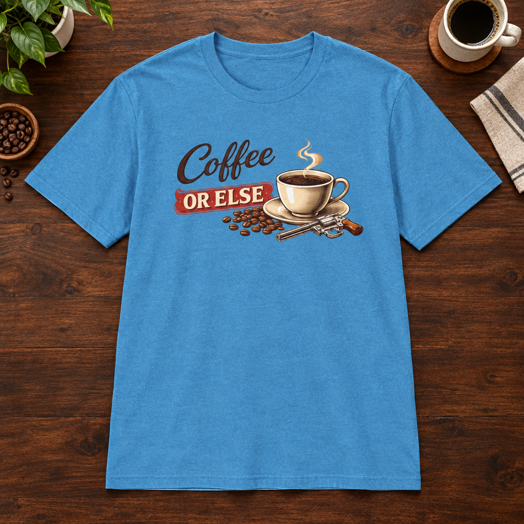 Coffee or Else T-Shirt Heather Sapphire short-sleeve coffee-bar flat lay