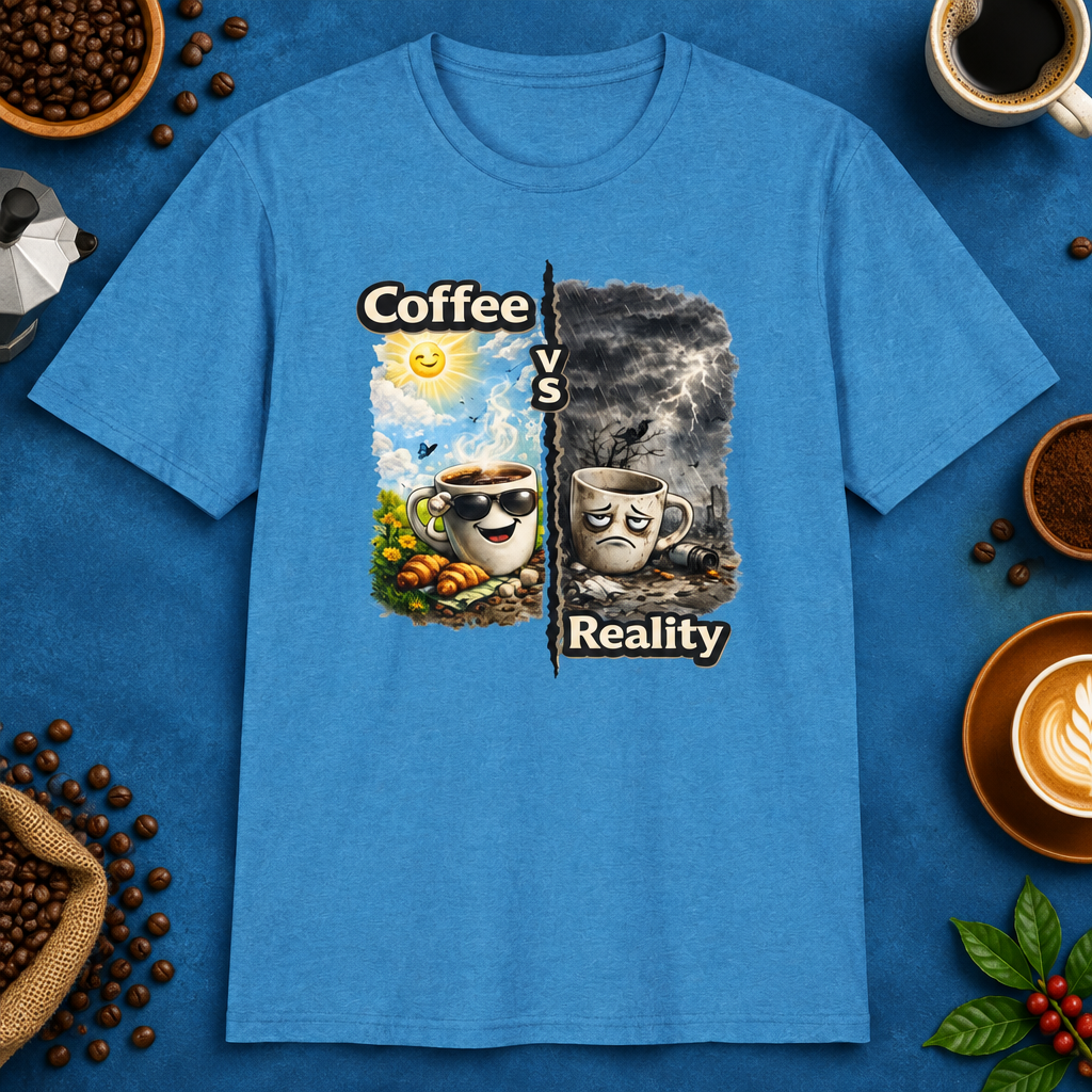 Coffee vs Reality T-Shirt in Natural, zoomed lifestyle mockup