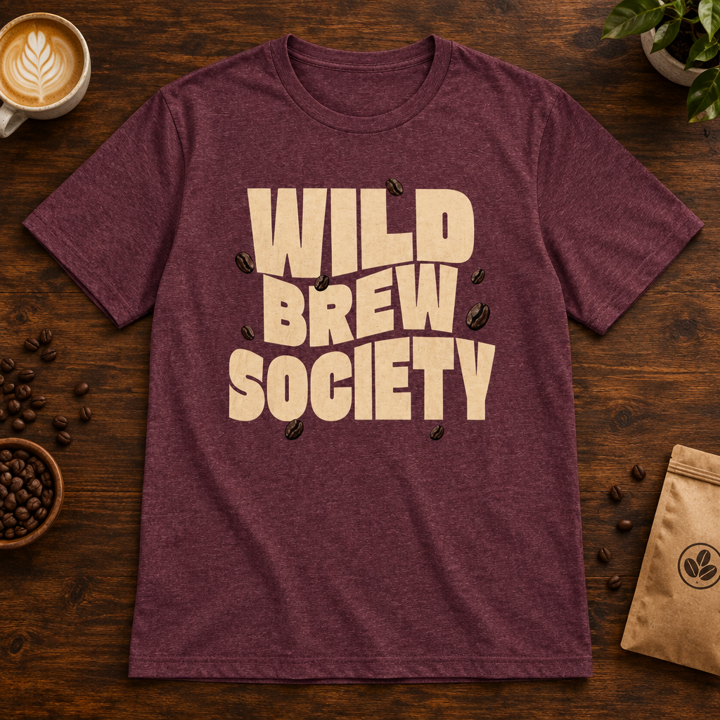 Wild Brew Society T-Shirt Heather Maroon on a warm coffee bar