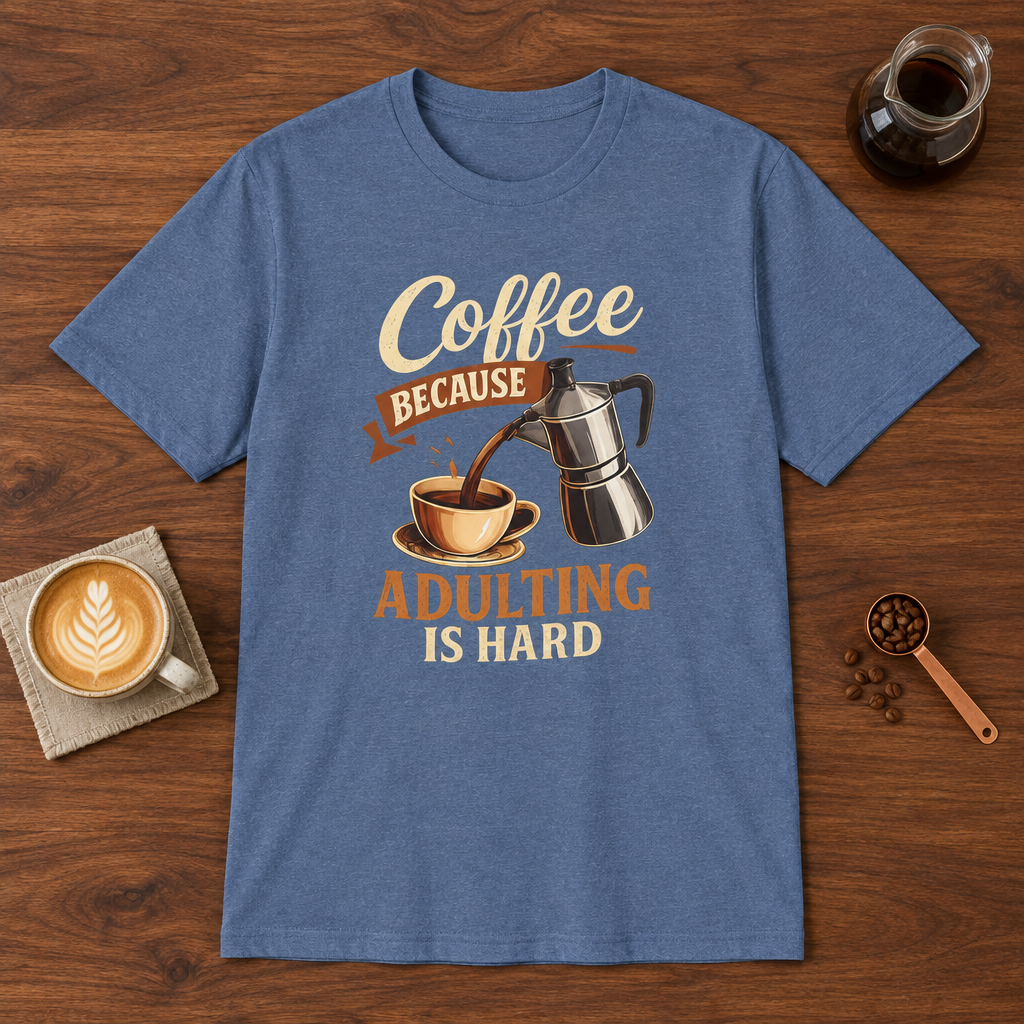Adulting is Hard T-Shirt Heather Indigo coffee bar mockup