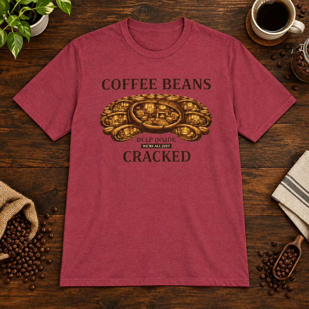Coffee Beans T-Shirt Heather Cardinal short-sleeve coffee-bar flat lay
