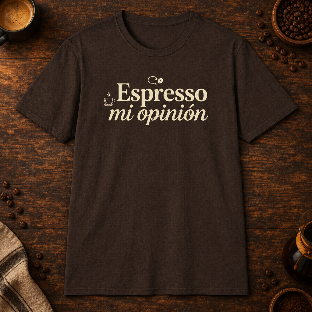 Espresso mi opinión T-Shirt in Dark Chocolate, overhead coffee-bar flat-lay mockup