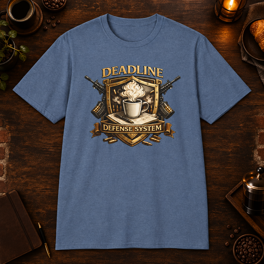 Deadline Defense System T-Shirt in Heather Indigo, zoomed lifestyle mockup
