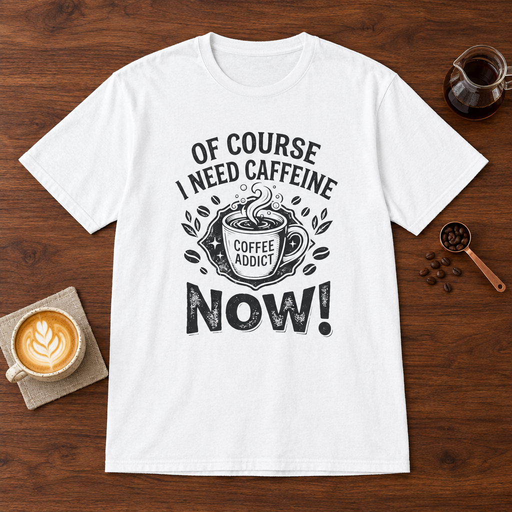 Of Course I Need Caffeine T-Shirt White coffee bar mockup