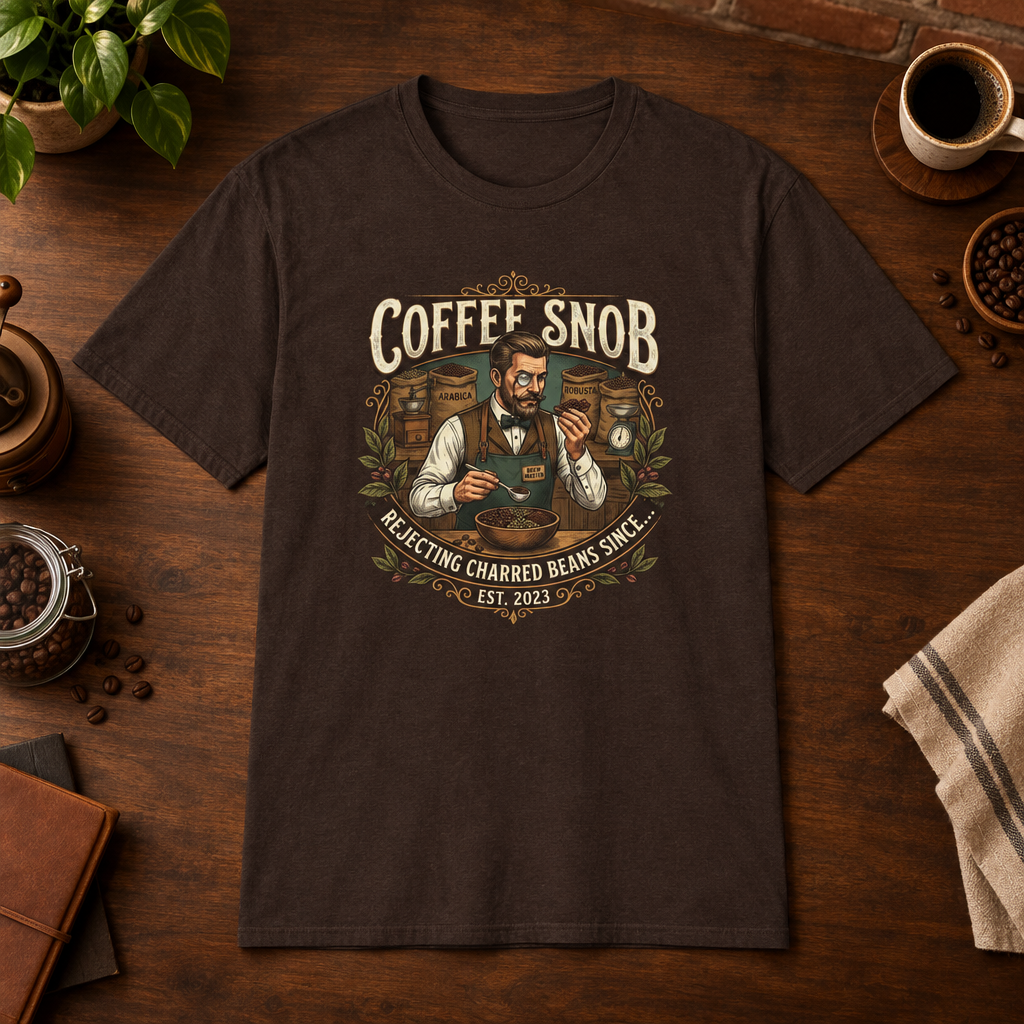 Coffee Snob Male T-Shirt Dark Chocolate short-sleeve coffee-bar flat lay
