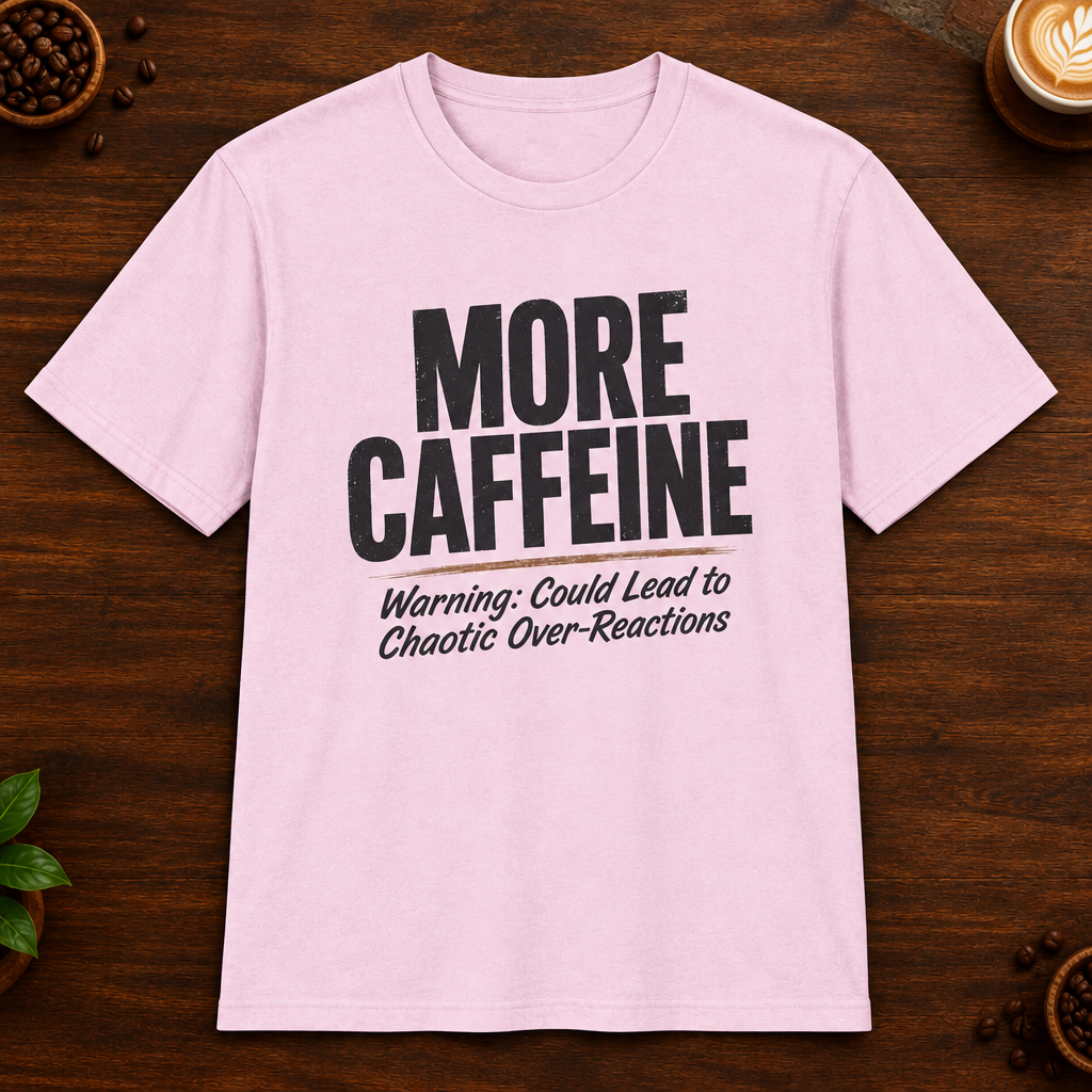 More Caffeine T-Shirt in Light Pink on a dark wood coffee bar