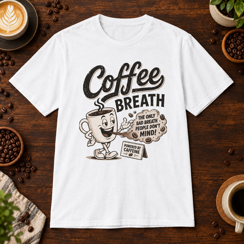 Coffee Breath T-Shirt White on warm coffee bar