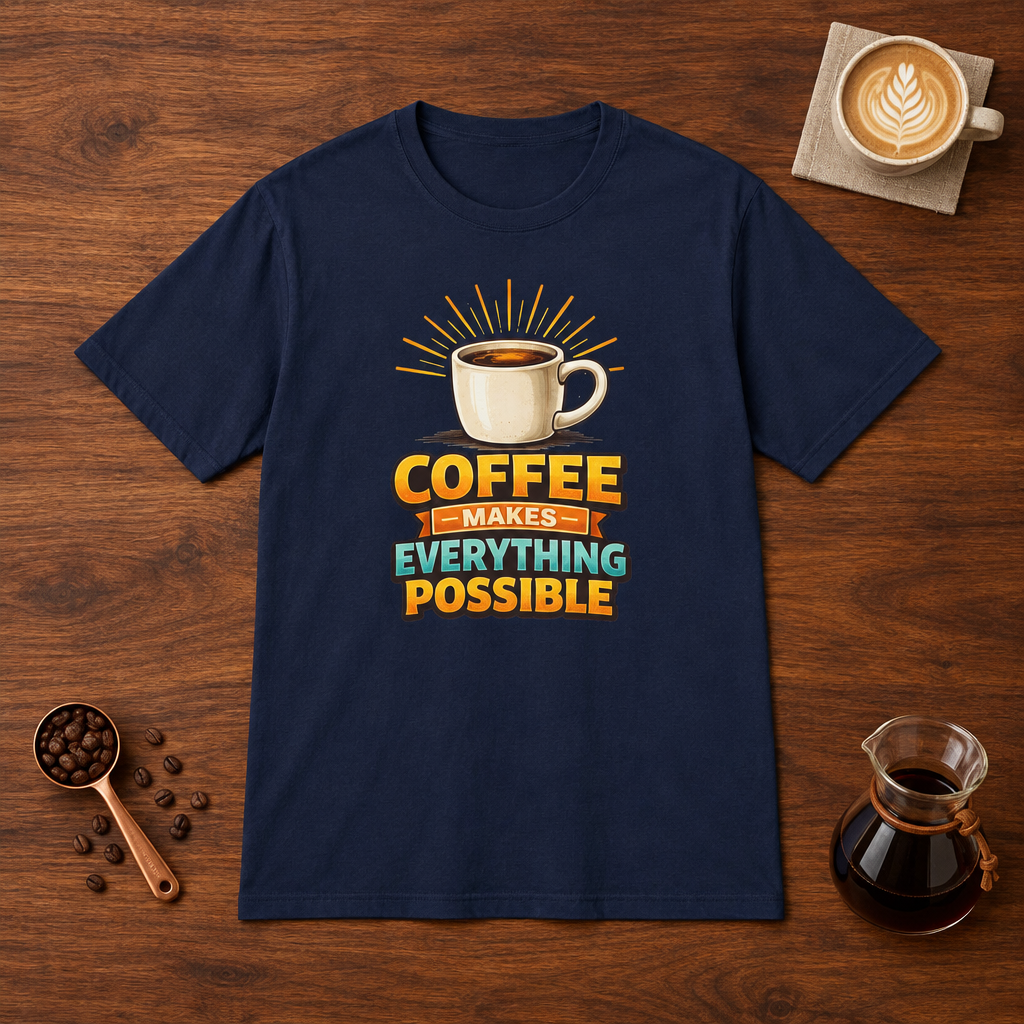 Coffee Makes Everything Possible T-Shirt Navy flat lay on walnut coffee bar