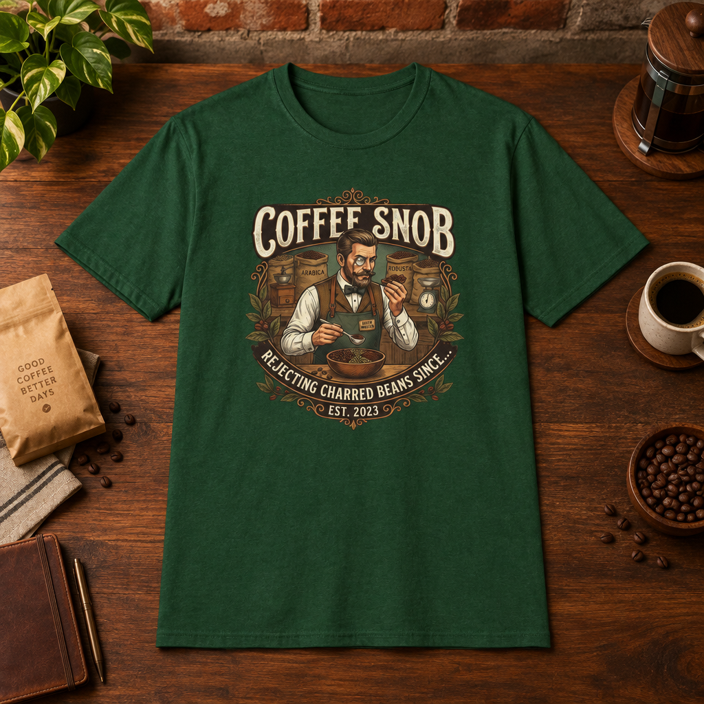 Coffee Snob Male T-Shirt Forest Green short-sleeve coffee-bar flat lay