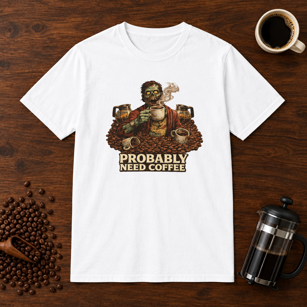 Probably Need Coffee Too T-Shirt White coffee-bar flat lay
