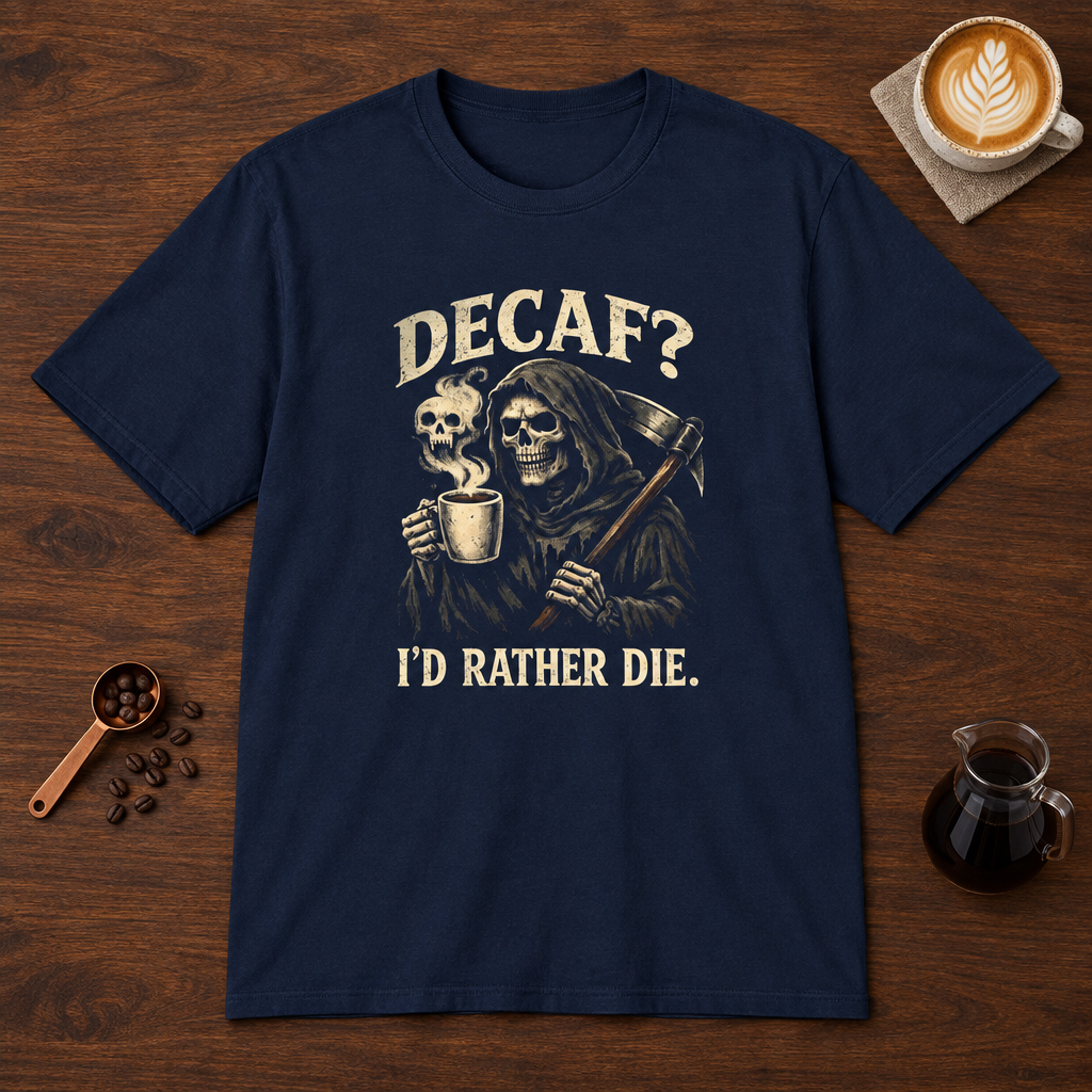 Decaf? T-Shirt Navy coffee bar mockup