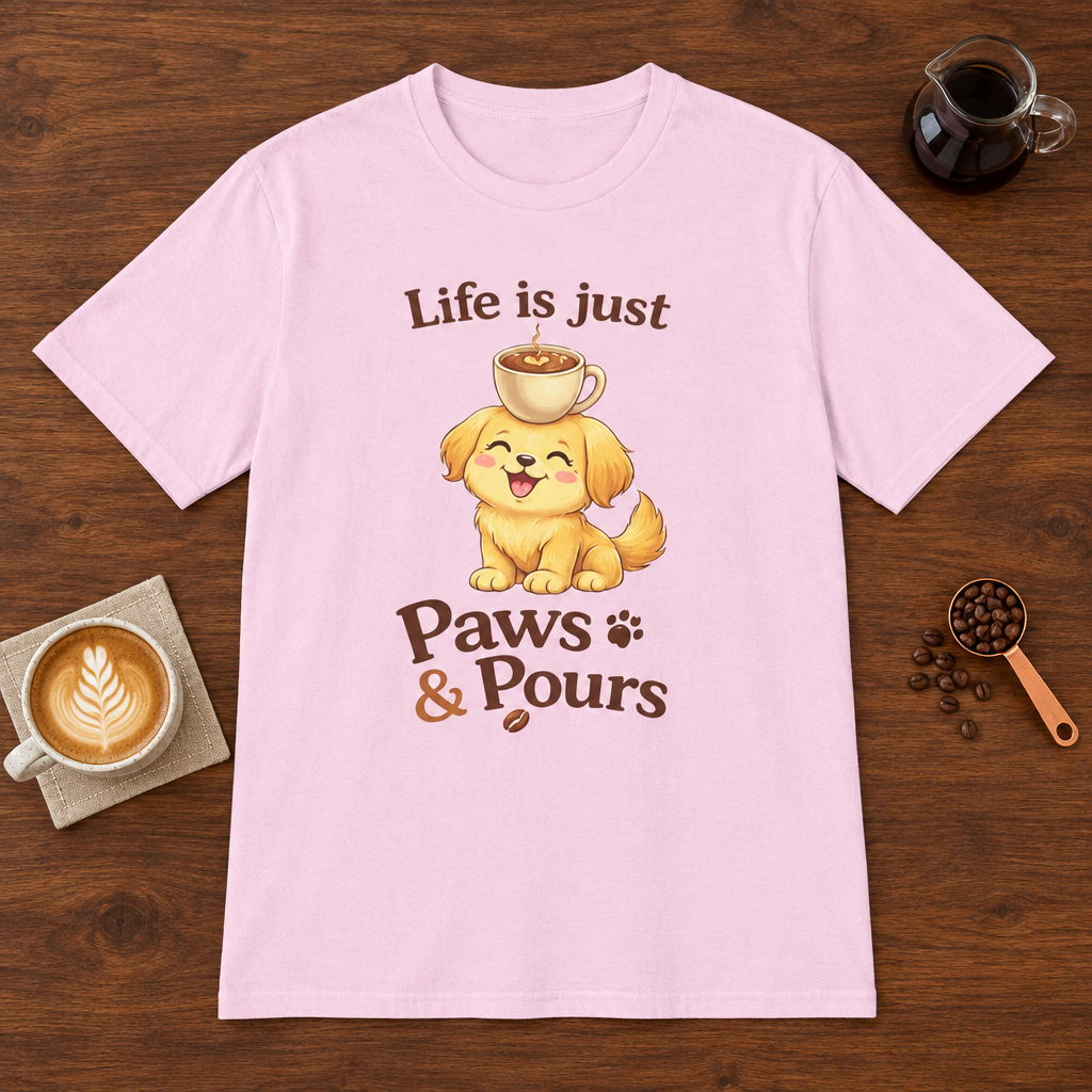 Paws & Pours T-Shirt Light Pink coffee bar mockup