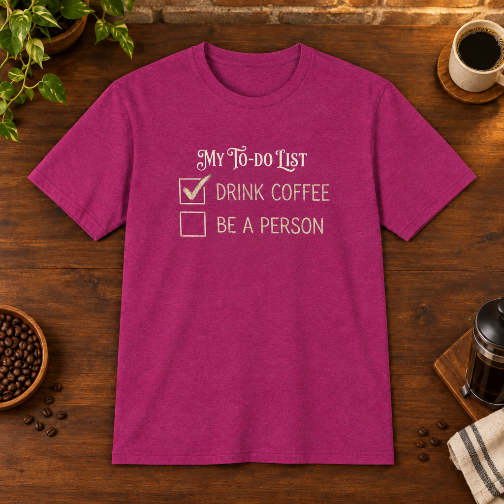 My To Do List T-Shirt Antique Heliconia coffee-bar flat lay, consistent framing