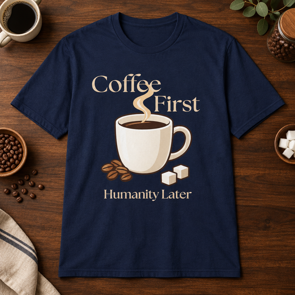 Coffee First T-Shirt Navy on warm coffee bar