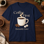 Coffee First T-Shirt Navy on warm coffee bar