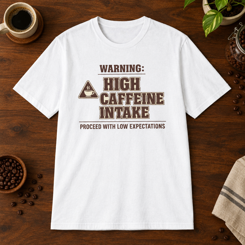 Caffeine Warning T-Shirt White short-sleeve coffee-bar flat lay