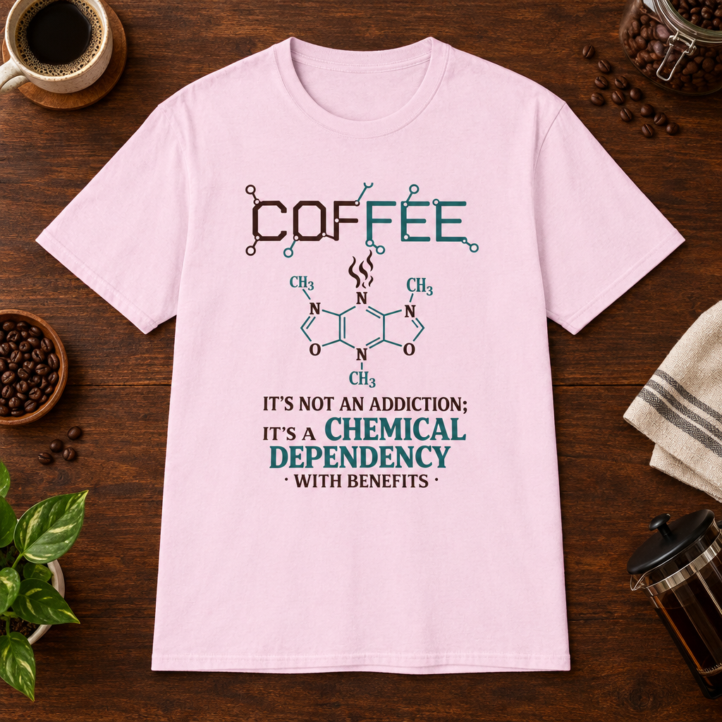 Coffee Dependency T-Shirt Light Pink short-sleeve coffee-bar flat lay