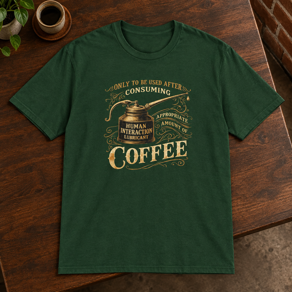 Lubricant T-Shirt Forest Green close-fill short-sleeve dark coffee-bar flat lay