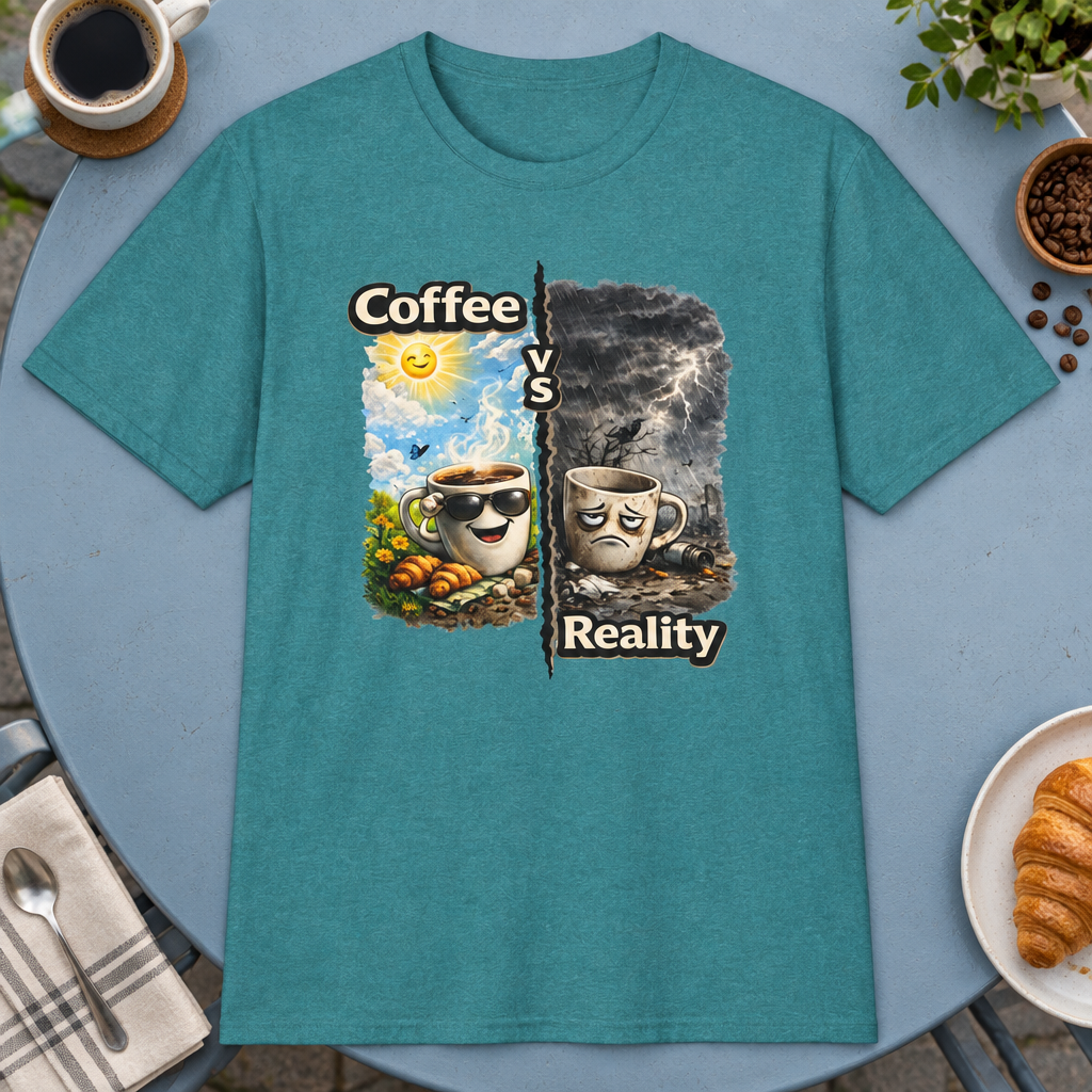 Coffee vs Reality T-Shirt in Sport Grey, zoomed lifestyle mockup